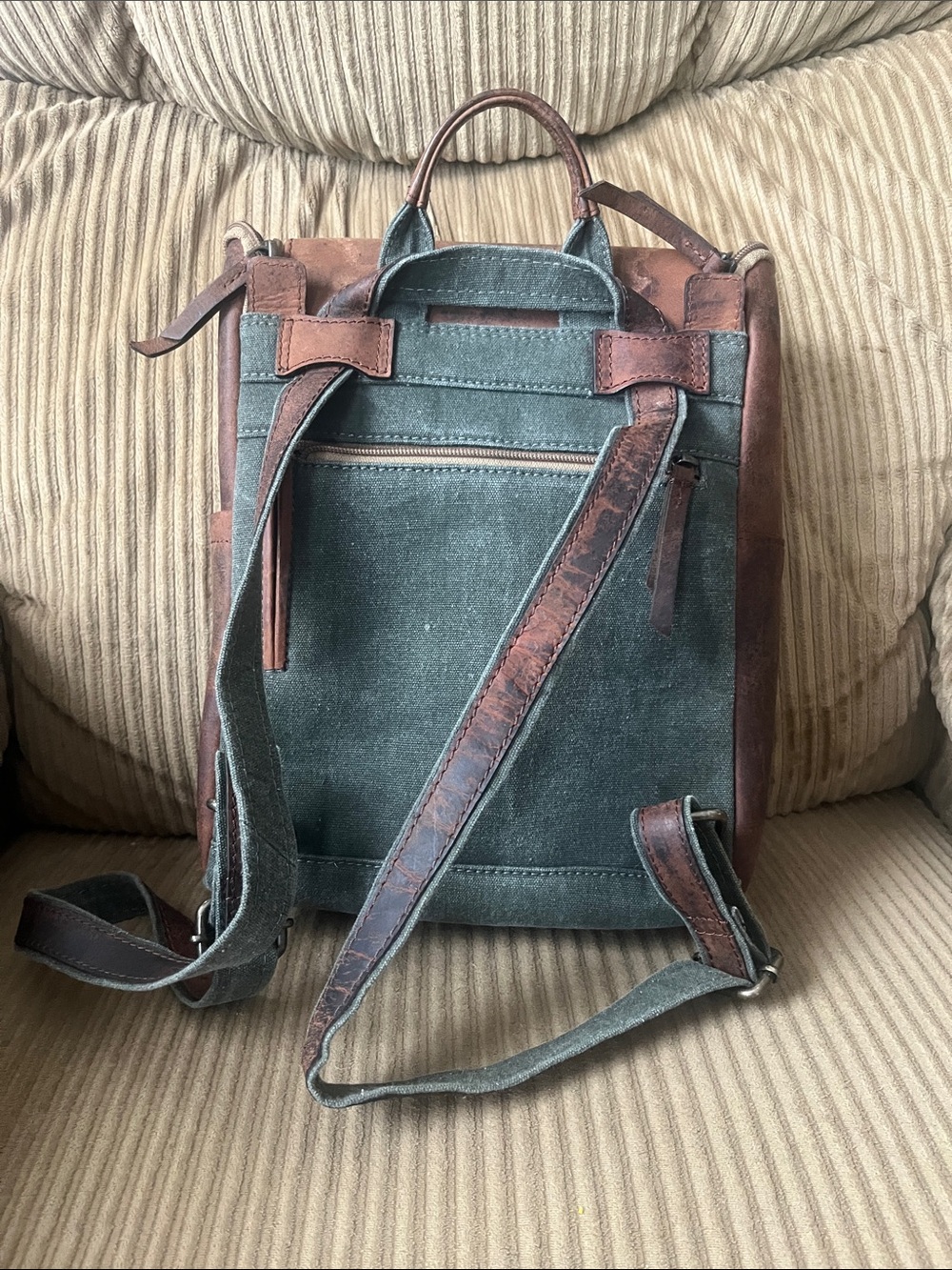 Myra Bag Green Canvas and Brown Leather Trim Backpack - Picture 6 of 6